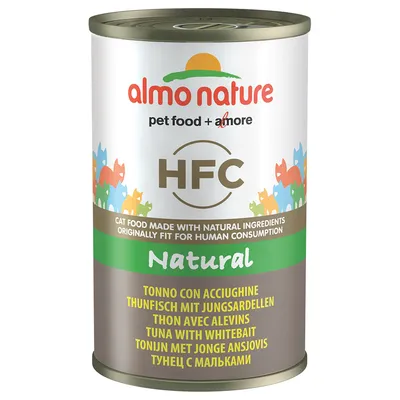 Conservă Almo Nature HFC Natural pentru pisici, text vizibil: 'pet food + more', 'HFC', 'Natural', 'Tuna with whitebait', ingrediente naturale. Text în engleză și alte limbi.