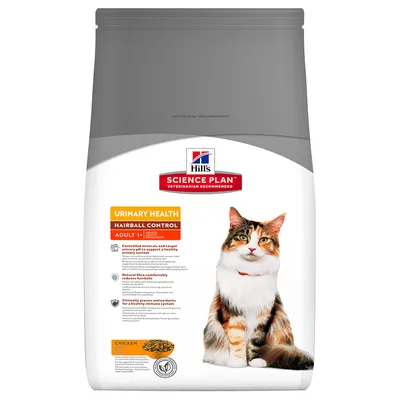Hill's Science Plan Urinary Health Hairball Control Adult 1+ poulet, croquettes pour chat, image d'un chat adulte sur l'emballage, texte en anglais visible.