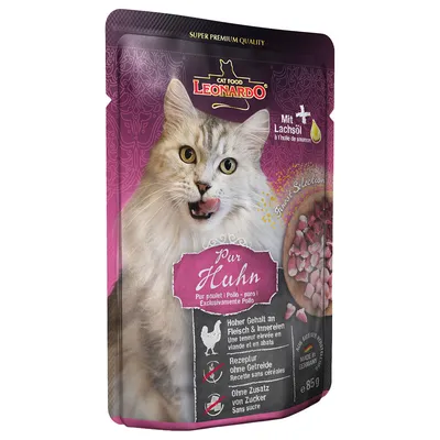 Leonardo Cat Food Pur poulet, avec huile de saumon. Teneur élevée en viande et abats, recette sans céréales, sans ajout de sucre. Fabriqué en Allemagne. Taille : 85g.