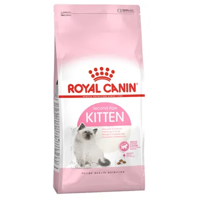 Royal Canin Second Age Kitten -kuivaruoka, kissanpentu kuvassa, teksti: Immune System Support, Digestive Health, Kittens up to 12 months old. Feline Health Nutrition.
