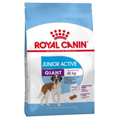 Royal Canin Junior Active Giant -koiranruoka, aikuispaino yli 45 kg. Pakkauksessa koira ja nappuloiden kuva, tekstit: Concentrated energy, Immune system support.