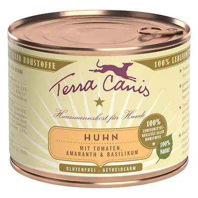 Blik Terra Canis hondenvoer, Huhn mit Tomaten, Amaranth & Basilikum, glutenvrij, getreidearm, 100% Lebensmittel-Qualität aller Rohstoffe, 100% Natur. Tekst in het Duits.