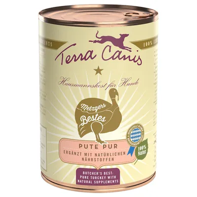 Blik Terra Canis hondenvoer, Metzgers Bestes Pute Pur. Tekst: 'Ergänzt mit natürlichen Nährstoffen', '100% Natur', 'Butcher's Best: Pure turkey with natural supplements'.