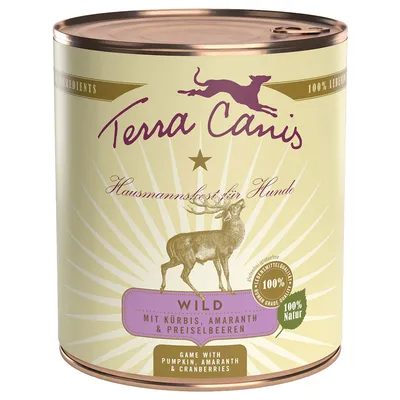 Lata de Terra Canis Wild para perros, texto visible: 'Hausmannskost für Hunde', 'WILD mit Kürbis, Amaranth & Preiselbeeren', '100% Natur', 'Game with pumpkin, amaranth & cranberries'.