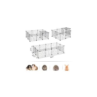 Trådbur med tre opbygningsvarianter, mål: 14,2 x 28,7 x 86,3 tommer. Nederst billeder af smådyr som marsvin, pindsvin og kaniner.