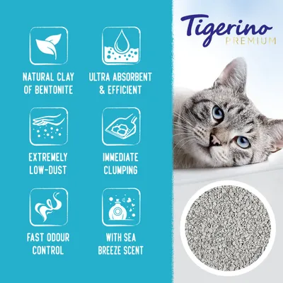 Tigerino Premium. Natural clay of bentonite, ultra absorbent & efficient, extremely low-dust, immediate clumping, fast odour control, with sea breeze scent. Tekst na engleskom.