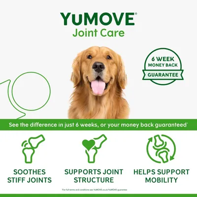 YuMOVE Joint Care with 6 week money back guarantee. Claims: soothes stiff joints, supports joint structure, helps support mobility. See difference in 6 weeks or your money back.