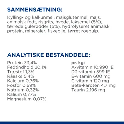 Sammensætning: kylling- og kalkunmel, majsglutenmel, majs, animalsk fedt, risgrits, hvede, laksemel 5 %, tørrede gulerødder 5 %, hydrolyseret animalsk protein, mineraler, fiskeolie, roepulp. Analytiske bestanddele: protein 33,4 %, fedtindhold 20,1 %, træstof 1,3 %, råaske 5,4 %, kalcium 0,76 %, fosfor 0,69 %, natrium 0,32 %, kalium 0,77 %, magnesium 0,07 %. pr. kg: A-vitamin 10.990 IE, D3-vitamin 599 IE, E-vitamin 600 mg, C-vitamin 120 mg, beta-karoten 4,7 mg, taurin 2.196 mg.