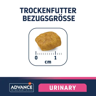 Trockenfutter Bezugsgrösse: Krokette mit Massstab von 0 bis 1 cm. Advance Veterinary Diets Urinary.