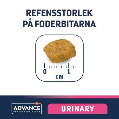 Referensstorlek på foderbitar: en bit visas med linjal från 0 till 1 cm. Text: ADVANCE VETERINARY DIETS, URINARY.