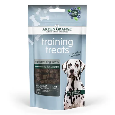 Training treats, sensitive dog treats with ocean white fish and potato, grain free recipe, naturally hypoallergenic, soft snacks, not tested on animals, 80g pack.