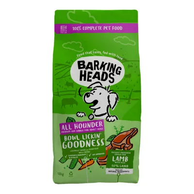 Barking Heads All Hounder medium size kibble, bowl lickin' goodness, supports immunity and vitality, freshly prepared grass-fed lamb with rice, 50% lamb, made with natural ingredients.