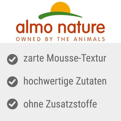 almo nature. Textură fină de mousse, ingrediente de calitate, fără aditivi.