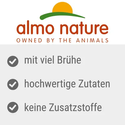 almo nature OWNED BY THE ANIMALS. mit viel Brühe, hochwertige Zutaten, keine Zusatzstoffe (texte en allemand).