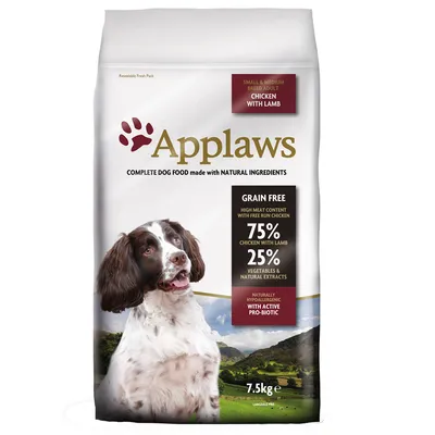Applaws hundfoder för små och medelstora raser, smak kyckling med lamm, spannmålsfritt, 75% kött, 25% grönsaker och naturliga extrakt, 7,5 kg förpackning.