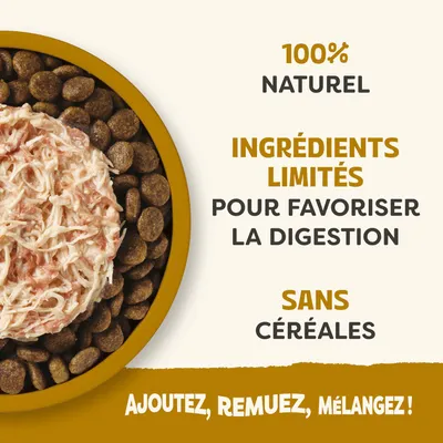 100 % naturel, ingrédients limités pour favoriser la digestion, sans céréales. Mode d'emploi : ajouter, remuer, mélanger.