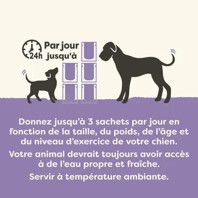Recommandation d'alimentation : Jusqu'à 3 sachets par jour selon la taille, le poids, l'âge et l'activité du chien. Toujours mettre de l'eau fraîche à disposition. Servir à température ambiante.