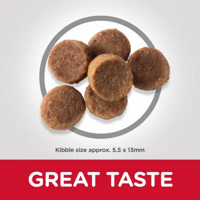 Round kibble pieces shown with text stating kibble size approximately 5.5 by 13mm and a label reading great taste.