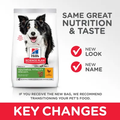 Hill's Science Plan Youthful Vitality Medium 11–25 kg Mature Adult 7+ Chicken -koiranruokapakkaus, tekstit: SAME GREAT NUTRITION & TASTE, NEW LOOK, NEW NAME, KEY CHANGES