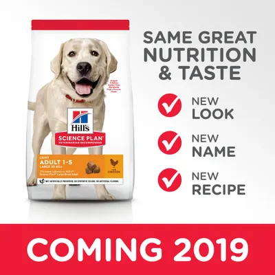 Hill's Science Plan Light Adult 1–5 Large 25 kg+ Chicken -koiranruokapakkaus. Tekstit: Same great nutrition & taste, new look, new name, new recipe, coming 2019.