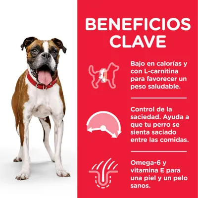 Beneficios clave: bajo en calorías y con L-carnitina, control de la saciedad, omega-6 y vitamina E para piel y pelo sanos. Texto acompañado de un perro marrón y blanco con collar rojo.