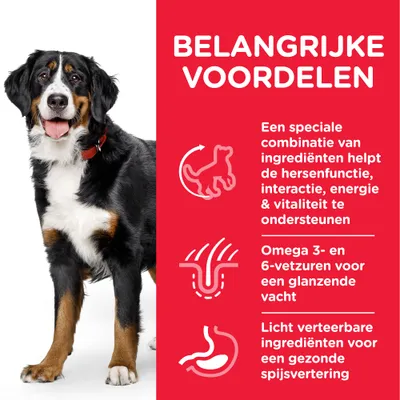 Belangrijke voordelen: speciale combinatie van ingrediënten ondersteunt hersenfunctie, interactie, energie en vitaliteit; omega 3- en 6-vetzuren voor vacht; licht verteerbare ingrediënten voor spijsvertering.