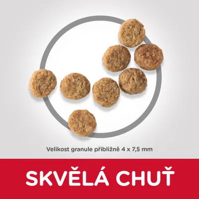 Granule, veľkosť približne 4 × 7,5 mm. Text v češtine: SKVĚLÁ CHUŤ.