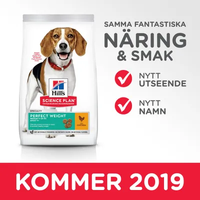 Hill's Science Plan Perfect Weight Medium Adult Chicken hundfoder. Text: Samma fantastiska näring & smak, nytt utseende, nytt namn. Kommer 2019.