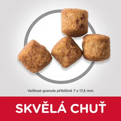 Veľkosť granule približne 7 × 17,5 mm. SKVĚLÁ CHUŤ (text v češtine). Zobrazené štyri granule krmiva.