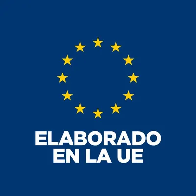 Texto: ELABORADO EN LA UE, bajo círculo de 12 estrellas amarillas sobre fondo azul. Indica origen de fabricación en la Unión Europea.