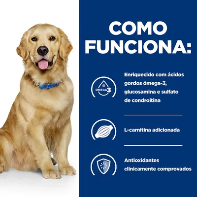 Como funciona: enriquecido com ácidos gordos ómega-3, glucosamina e sulfato de condroitina, L-carnitina adicionada, antioxidantes clinicamente comprovados.