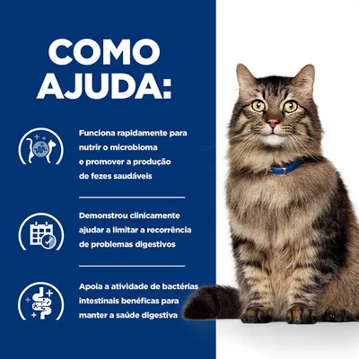 Como ajuda: nutre o microbioma e promove fezes saudáveis, limita a recorrência de problemas digestivos, apoia bactérias intestinais benéficas para saúde digestiva. Gato com coleira azul.