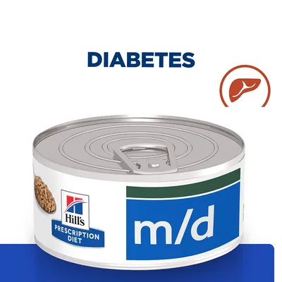 Hill's Prescription Diet m/d natvoer blik, tekst 'DIABETES' en lever-icoon zichtbaar op de afbeelding.