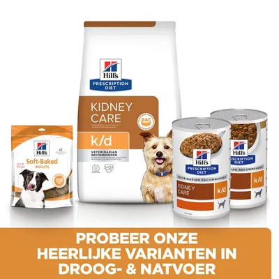 Hill's Prescription Diet Kidney Care k/d droog- en natvoer, Soft-Baked Biscuits en blikvoeding. Tekst: Probeer onze heerlijke varianten in droog- & natvoer.