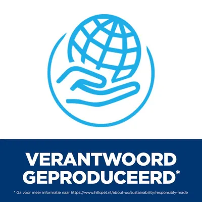 VERANTWOORD GEPRODUCEERD*. Ga voor meer informatie naar https://www.hillspet.nl/about-us/sustainability/responsibly-made