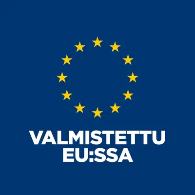 VALMISTETTU EU:SSA, teksti EU-tähtien ympyrän alla sinisellä taustalla