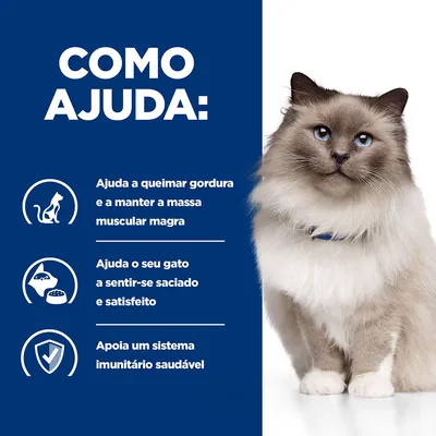 Como ajuda: Ajuda a queimar gordura e a manter a massa muscular magra. Ajuda o seu gato a sentir-se saciado e satisfeito. Apoia um sistema imunitário saudável.