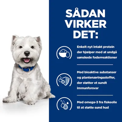 SÅDAN VIRKER DET: Enkelt nyt intakt protein der hjælper med at undgå uønskede foderreaktioner. Med bioaktive substanser og plantenæringsstoffer, der støtter et sundt immunforsvar. Med omega-3 fra fiskeolie til at støtte sund hud.
