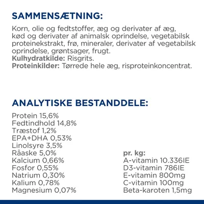 Sammensætning: korn, olie og fedtstoffer, æg, kød, vegetabilsk protein, frø, mineraler, grøntsager, frugt. Kulhydratkilde: risgrits. Proteinkilder: tørrede hele æg, risproteinkoncentrat. Analytiske bestanddele: protein 15,6 %, fedtindhold 14,8 %, træstof 1,2 %, EPA+DHA 0,53 %, linolsyre 3,5 %, råaske 5,0 %, kalcium 0,66 %, fosfor 0,55 %, natrium 0,30 %, kalium 0,78 %, magnesium 0,07 %. pr. kg: A-vitamin 10.336 IE, D3-vitamin 786 IE, E-vitamin 800 mg, C-vitamin 100 mg, beta-karoten 1,5 mg.