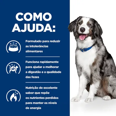 Texto: Como ajuda: formulado para reduzir as intolerâncias alimentares; melhora a digestão e qualidade das fezes; nutrição de excelente sabor que repõe nutrientes e energia.