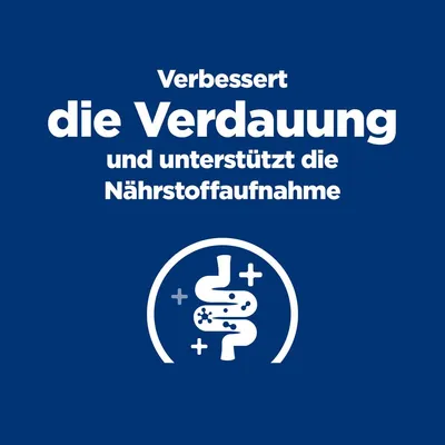 Verbessert die Verdauung und unterstützt die Nährstoffaufnahme. Symbol eines Darms mit Pluszeichen.