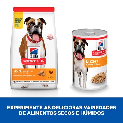 Hill's Science Plan Light Adult 1-6 Medium 11–25 kg com frango, embalagem de ração seca e lata de alimento húmido para cão. Texto: Experimente as deliciosas variedades de alimentos secos e húmidos.
