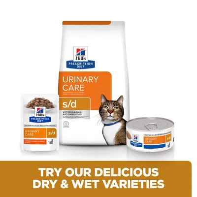 Hill's Prescription Diet Urinary Care s/d food shown in dry and wet varieties with text: Try our delicious dry & wet varieties. Veterinarian recommended visible on packaging.