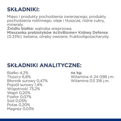 Składniki: mięso i produkty pochodzenia zwierzęcego, roślinnego, oleje, tłuszcze, cukry, minerały. Źródło białka: wątroba wieprzowa. Składniki analityczne: białko 4,2 %, tłuszcz 6,8 %, wilgotność 73,2 %.