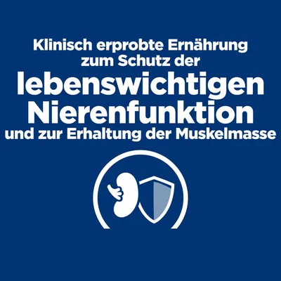 Texte en allemand : Klinisch erprobte Ernährung zum Schutz der lebenswichtigen Nierenfunktion und zur Erhaltung der Muskelmasse. Illustration d’un rein et d’un bouclier.