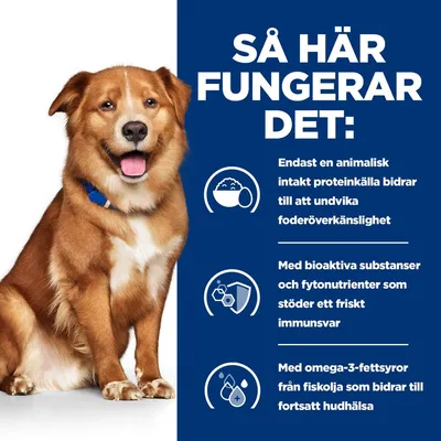 Så här fungerar det: Endast en animalisk intakt proteinkälla bidrar till att undvika foderöverkänslighet. Med bioaktiva substanser och fytonutrienter som stöder ett friskt immunsvar. Med omega-3-fettsyror från fiskolja som bidrar till fortsatt hudhälsa.