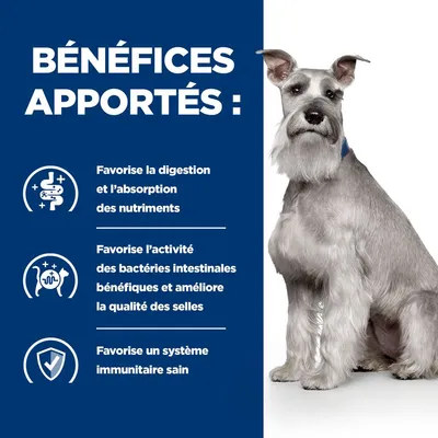 Bénéfices apportés : favorise la digestion et l’absorption des nutriments, l’activité des bactéries intestinales bénéfiques, la qualité des selles et un système immunitaire sain.