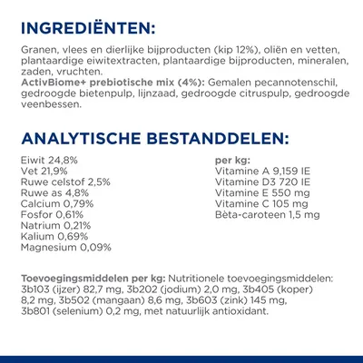 Ingrediënten: granen, vlees en dierlijke bijproducten (kip 12%), oliën en vetten, ActivBiome+ prebiotische mix (4%). Analytische bestanddelen: eiwit 24,8%, vet 21,9%, vezel 2,5%.