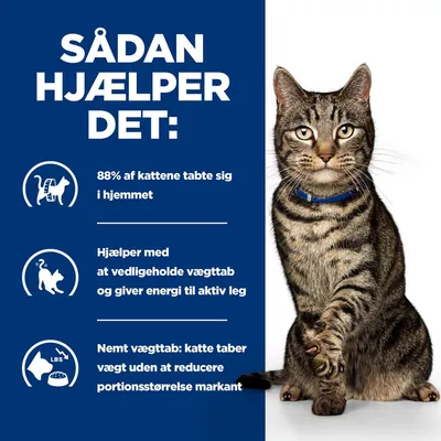 SÅDAN HJÆLPER DET: 88% af kattene tabte sig i hjemmet. Hjælper med at vedligeholde vægttab og giver energi til aktiv leg. Nemt vægttab: katte taber vægt uden at reducere portionsstørrelse markant.