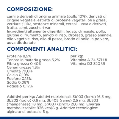 Composizione: carni e derivati animali (pollo 10%), vegetali, cereali, uova, oli, grassi. Componenti analitici: proteine 8,9%, grassi 5,2%, umidità 79%, vitamina A 24.371 UI/kg, D3 320 UI/kg.